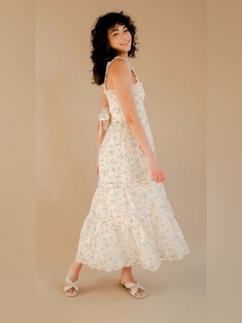 WINSTON WHITE Tahoe sundress in coral fleur print, cream base, size medium - Picture 2 of 12